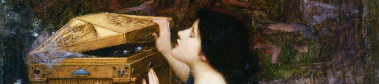 Painting of Pandora, kneeling, opening a golden box.